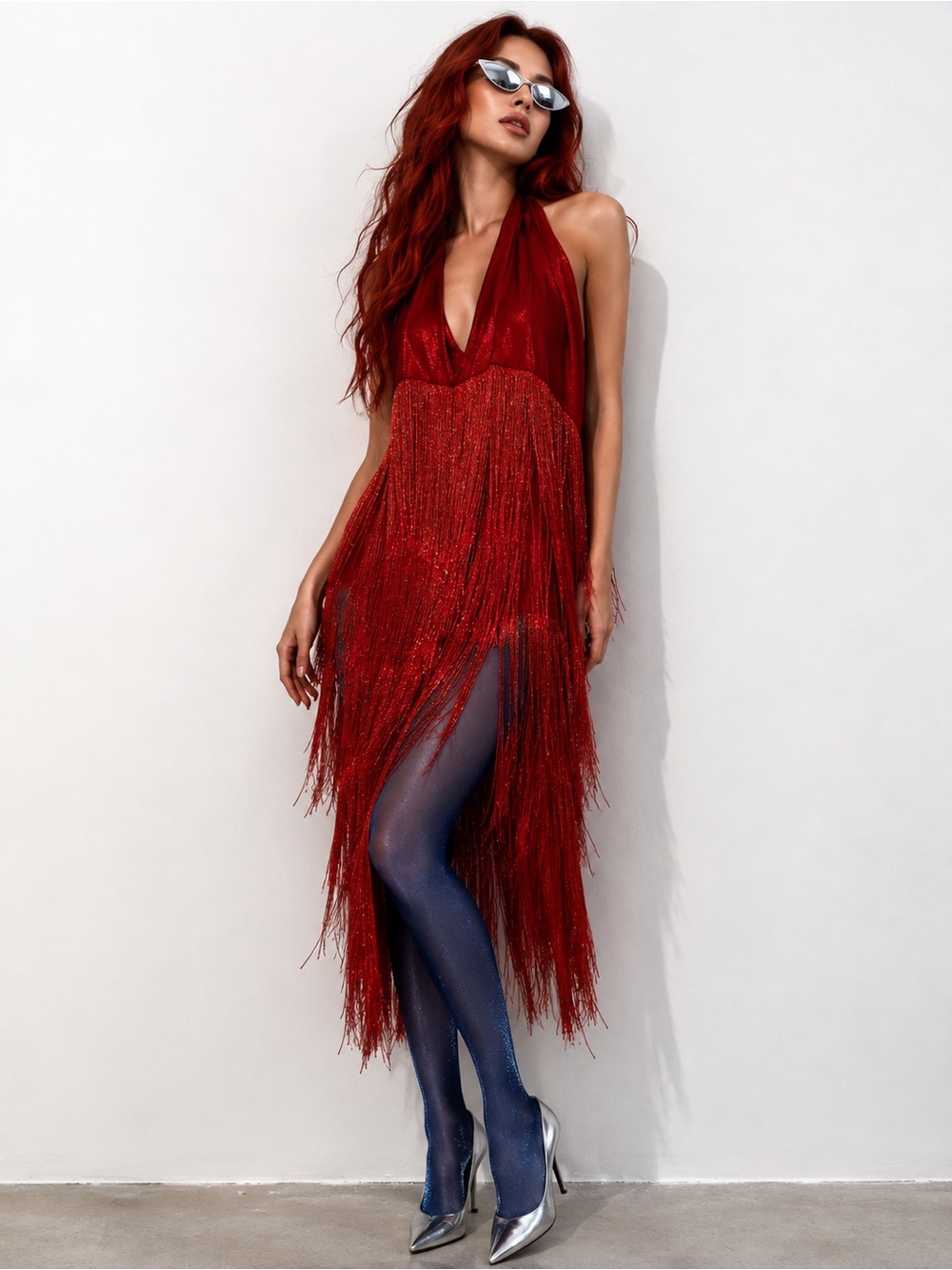 Red Backless Fringe Halter Dress - Elegant Evening Look